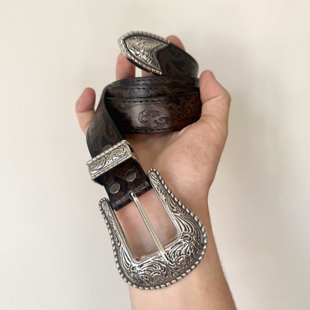 y2k brown leather and silver western cowboy boho belt - Picture 2 of 9